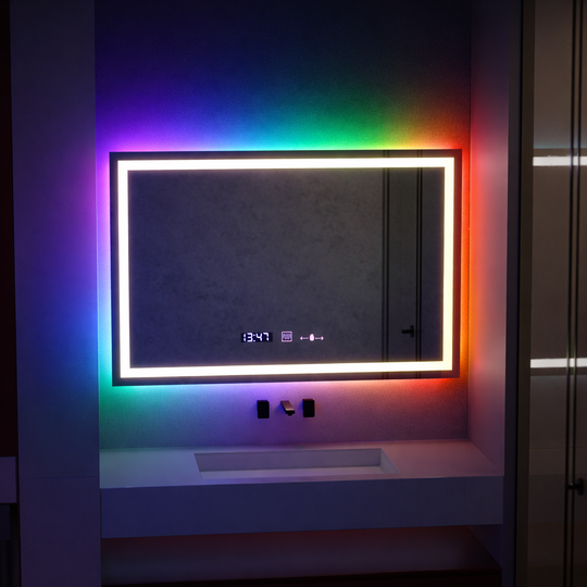 Obdélníkové LED zrcadlo, 100x60cm, Verite MotionGlow Marcello, systém odmlžování, hodiny a teploměr, stmívatelné, W09/100X60BTRGB Marcello Mirrors Výchozí název Alessandro Design