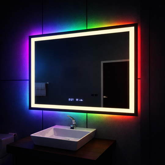 Obdélníkové LED zrcadlo, 100x60cm, Verite MotionGlow Marcello, systém odmlžování, hodiny a teploměr, stmívatelné, W09/100X60BTRGB Marcello Mirrors Výchozí název Alessandro Design