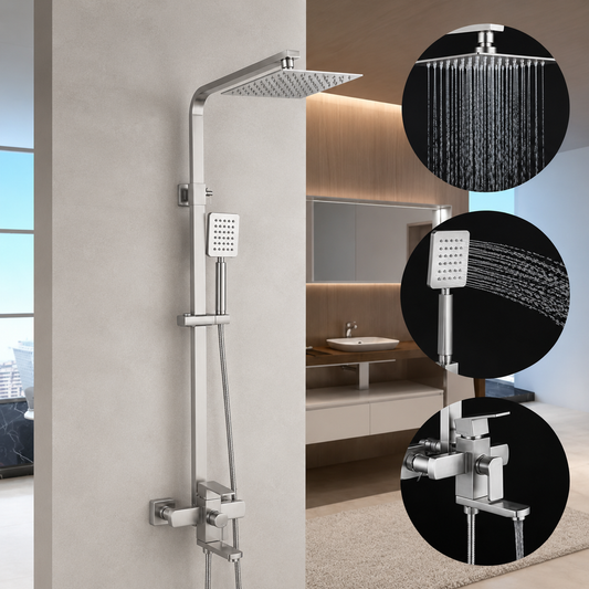 SET Sprchový sloup s baterií, Nerezová ocel, hranatá hruška, dešťový efekt, 3 funkce, montáž na stěnu, satén, příslušenství v ceně, LY005