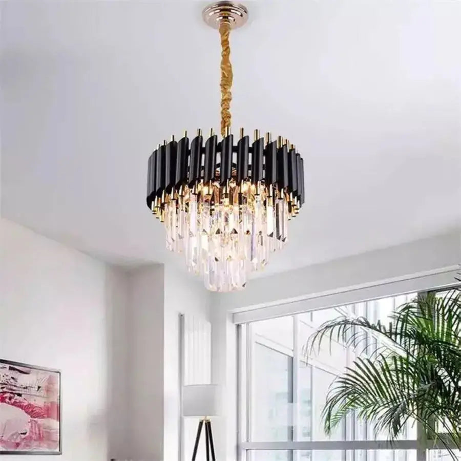 Emeric Chandelier 2*E14, kov a křišťálový, zlatá a černá