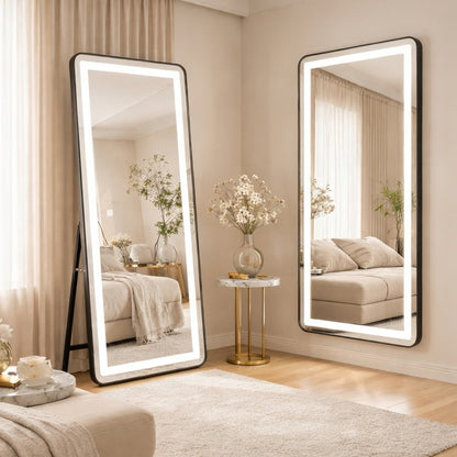 Obdélníkové LED zrcadlo, černý rám, 50x160 cm, stmívatelné, studené/teplé/neutrální světlo, župan