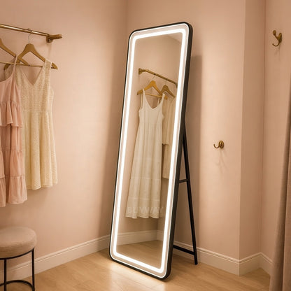 Obdélníkové LED zrcadlo, černý rám, 50x160 cm, stmívatelné, studené/teplé/neutrální světlo, župan