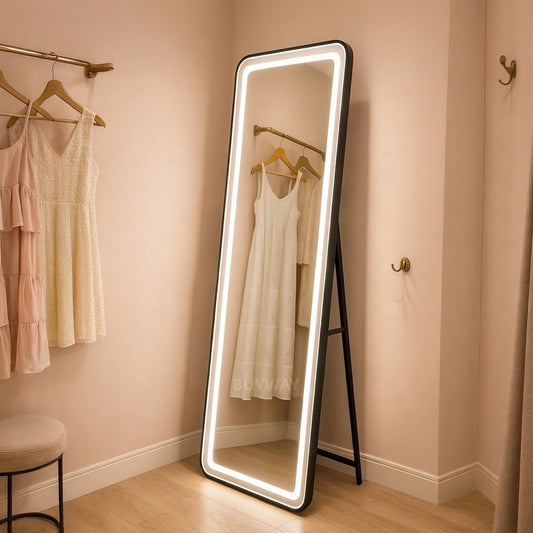 Obdélníkové LED zrcadlo, černý rám, 50x160 cm, stmívatelné, studené/teplé/neutrální světlo, župan