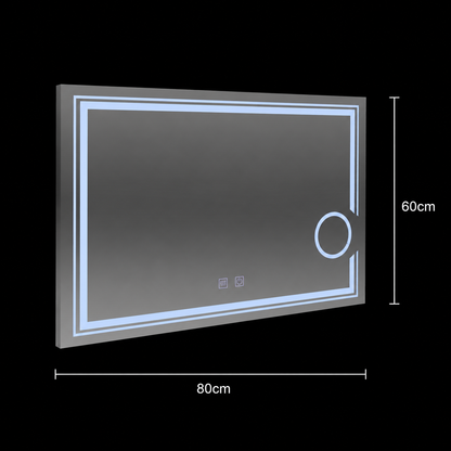 Obdélníkové LED zrcadlo, 80x60cm, studené světlo, CANTO Touch, Demister System, Stmívatelné