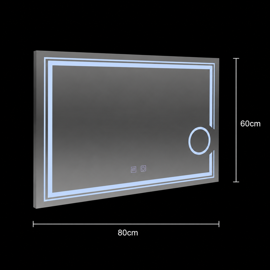 Obdélníkové LED zrcadlo, 80x60cm, studené světlo, CANTO Touch, Demister System, Stmívatelné