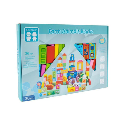 Kostky v puzzle se zvířaty ze stavební farmy, 100 kusů, dřeva