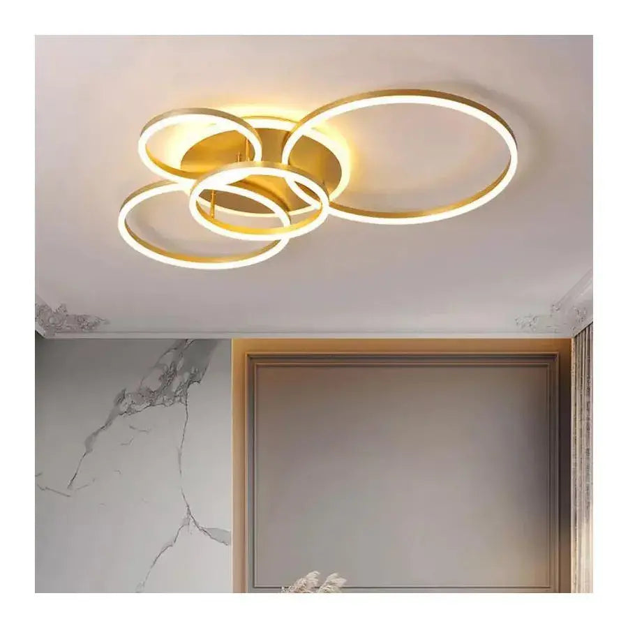 LED CHANDIER s dálkovým ovládáním Lyra, 220 W, 4 kruhy, paprsek, kartáčované zlato, chlad/horké/neutrální světlo