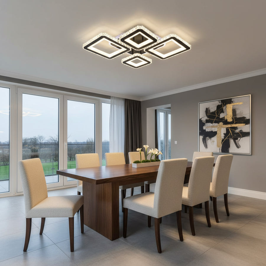 LED lustr s dálkovým ovládáním a krystalem QUADRIS RGB 96W, 4 čtverce, studené/teplé/neutrální světlo, stmívatelný, černý