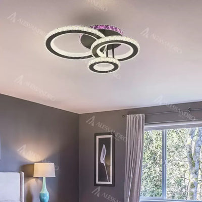 LED lustr s dálkovým ovládáním a krystalem LEOCADIA RGB 134W, 3 kruhy, Studené/Teplé/Neutrální světlo, Stmívatelné, Černá