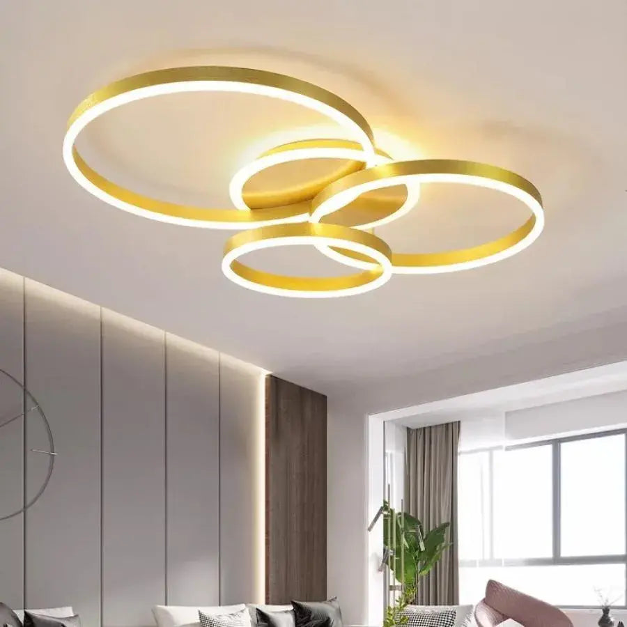 LED chtíč s dálkovým ovládáním Lyra, 100W, 3 kruhy, Daisy, kartáčované zlato, chladné/horké/neutrální světlo