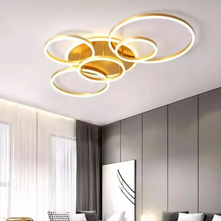 LED chtíč s dálkovým ovládáním Lyra, 248W, 5 kruhů, paprsek, kartáčované zlato, studené/horké/neutrální světlo