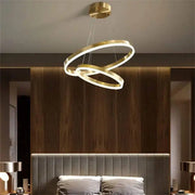 Závěsný LED lustr s dálkovým ovládáním AZARIAH 112W, 2 kruhy, Studené/Teplé/Neutrální světlo, Stmívatelné, Lesklý zlatý, Nastavitelná výška