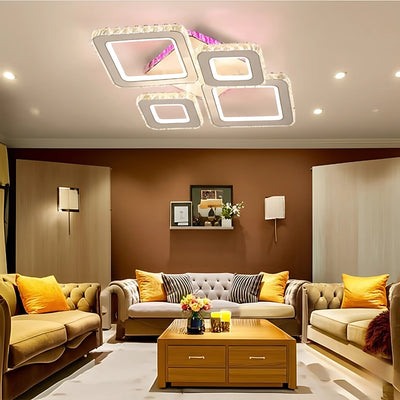 LED lustr s dálkovým ovládáním a krystalem TERRANO RGB 162W, 4 čtverce, studené/teplé/neutrální světlo, stmívatelné, lesklá chromová bílá