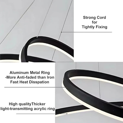 Závěsný LED lustr s dálkovým ovládáním CASIANA 40W, 2 kruhy, studené/teplé/neutrální světlo 3000K/4000K/6000K, stmívatelný, černý, nastavitelná výška, kov a akryl