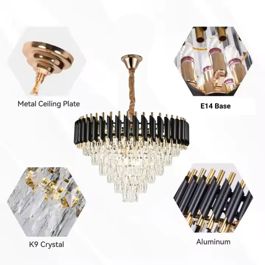 Crystal Chandier Versailles magno 8xe27, průměr 60 cm, lesklý a černé zlato, nastavitelná výška