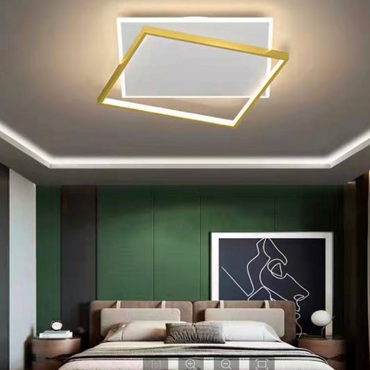 LED lustr se slunečním dálkovým ovládáním, 98W, 2 čtverce, chladné/horké/neutrální světlo, nestabilní, zlaté