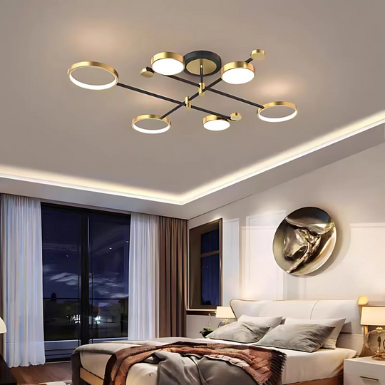 LED lustr s dálkovým ovládáním MARIA, 6 prvků, 31W, teplé/studené/neutrální světlo 3000K/4000K/6000K, stmívatelné, zlaté a černé, kovové LED lustry s dálkovým ovládáním Výchozí název Alessandro Design