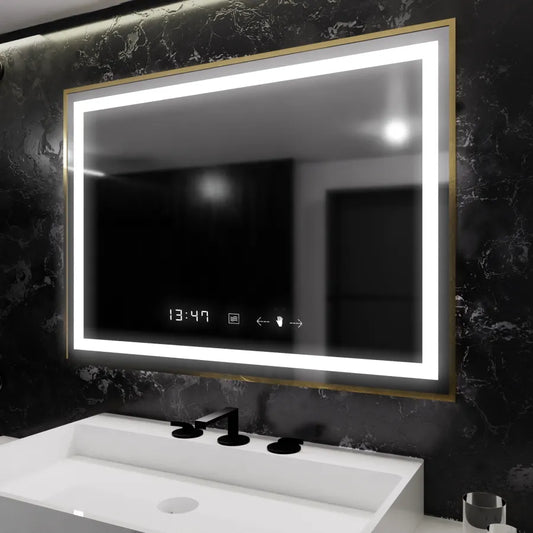 Zrcadlo LED obdélníkový 100x65cm Verite Royale Gold Motion Glow Marcello Clock Defrition System & Dimable teploměr