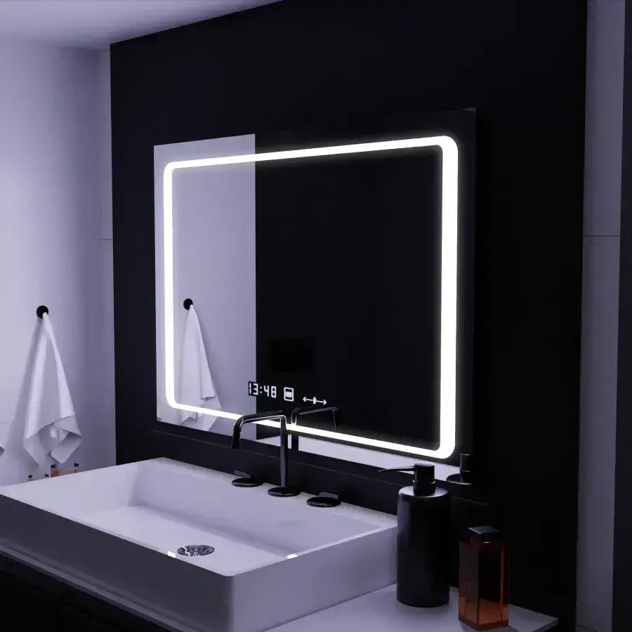 Zrcadlový LED obdélníkový 90x60cm Defen Marcello Sensor System Dezoring CLOCK & teploměr