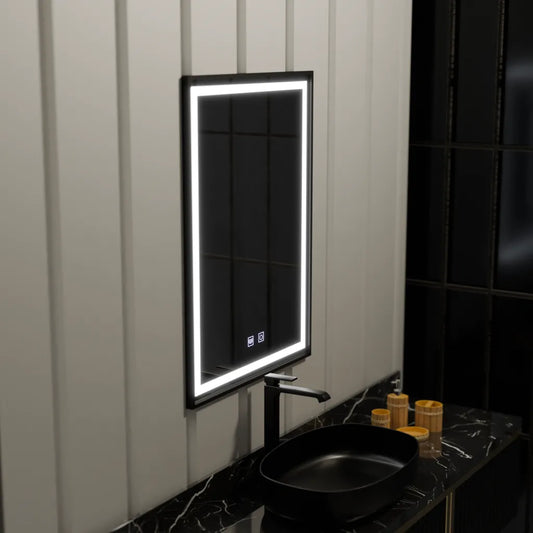 Zrcadlový LED obdélníkový 60x90cm okrajový systém defrice dotyku, černý rám