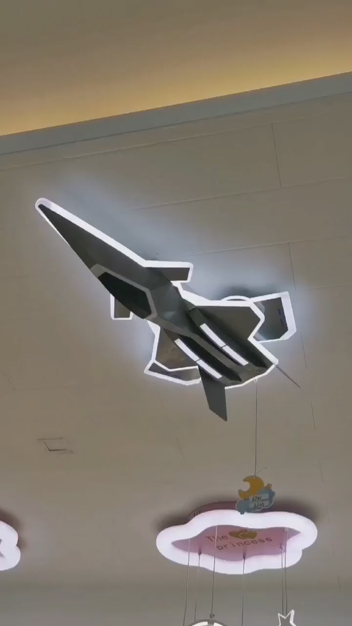 LED dětský lustr FIGHTER, Typ Letadlo, 101W, Studené/Teplé/Neutrální světlo, Pohyblivá křídla, Letecká šedá