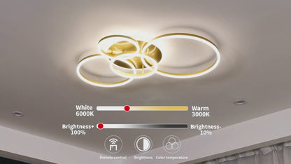 LED lustr s dálkovým ovládáním DARIO, 4 kruhy, 112W, teplé/studené/neutrální světlo, stmívatelný, zlatý