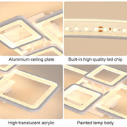 LED lustr s dálkovým ovládáním ELLA 85W, 4 čtverce, studené/teplé/neutrální světlo, stmívatelné, bílá