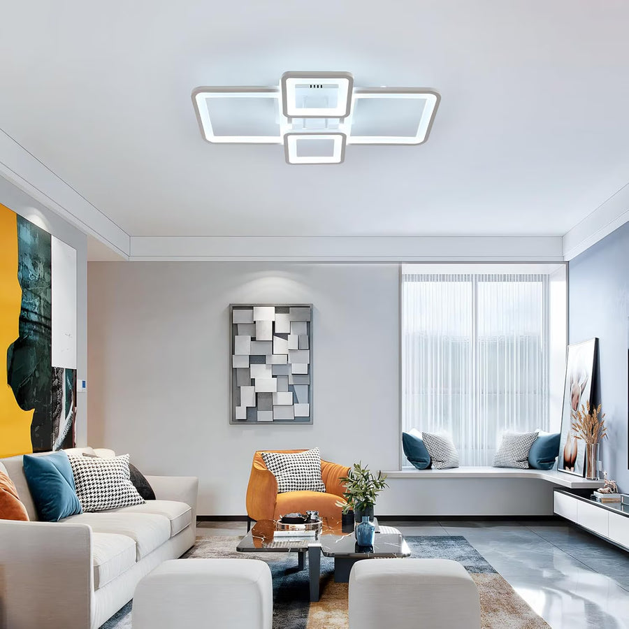 LED lustr s dálkovým ovládáním ELLA 85W, 4 čtverce, studené/teplé/neutrální světlo, stmívatelné, bílá