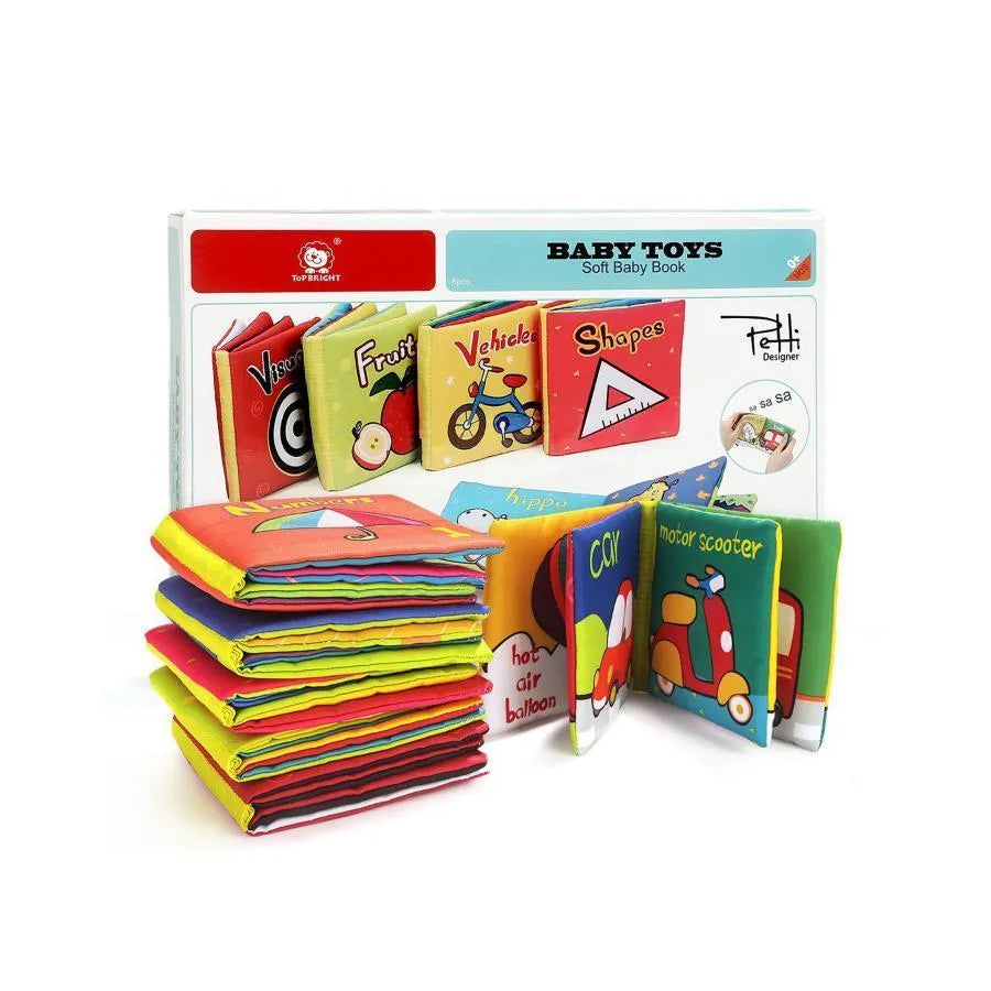 Set 6 karet v textilu s vozidly, geometrickými tvary, vizuálními obrazy, čísly, zvířatami a ovocemi, 6 kusů, textilie