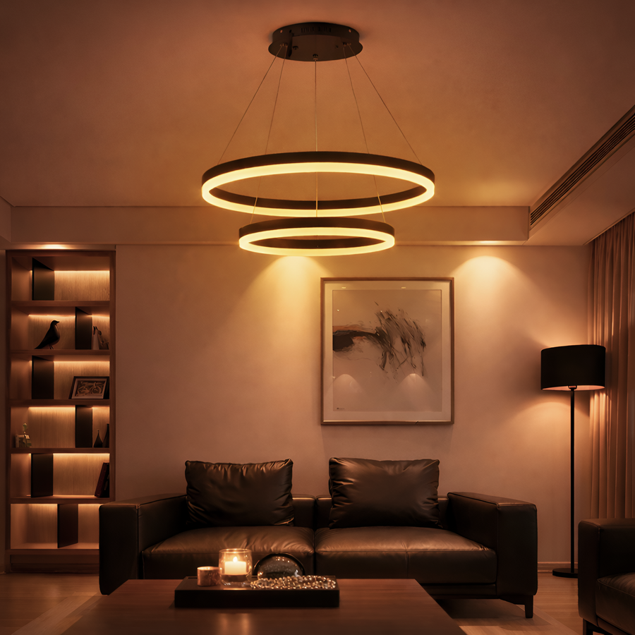 Závěsný LED lustr s dálkovým ovládáním CASIANA 40W, 2 kruhy, studené/teplé/neutrální světlo 3000K/4000K/6000K, stmívatelný, černý, nastavitelná výška, kov a akryl